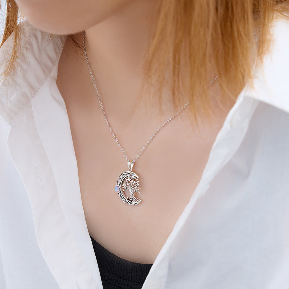 Sterling Silver Oxidized Tree Of Life Crescent Moon & Celtic Knot Necklace
