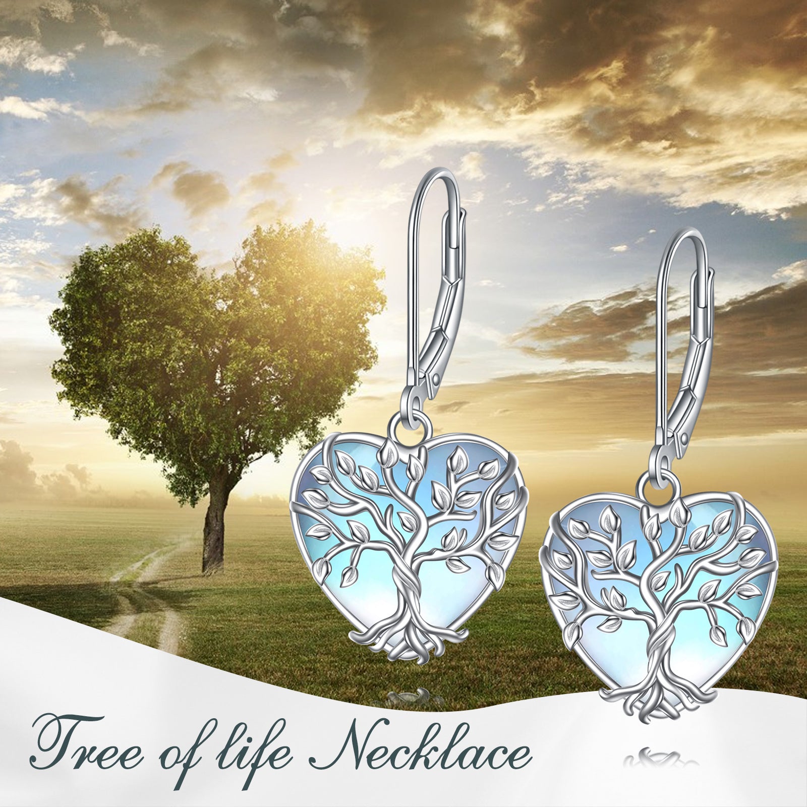 Sterling Silver Moonstone Tree Of Life & Heart Lever-back Earrings