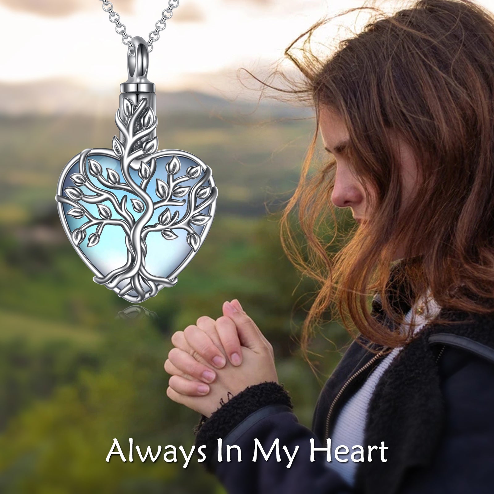 Sterling Silver Moonstone Tree Of Life & Heart Urn Necklace for Ashes