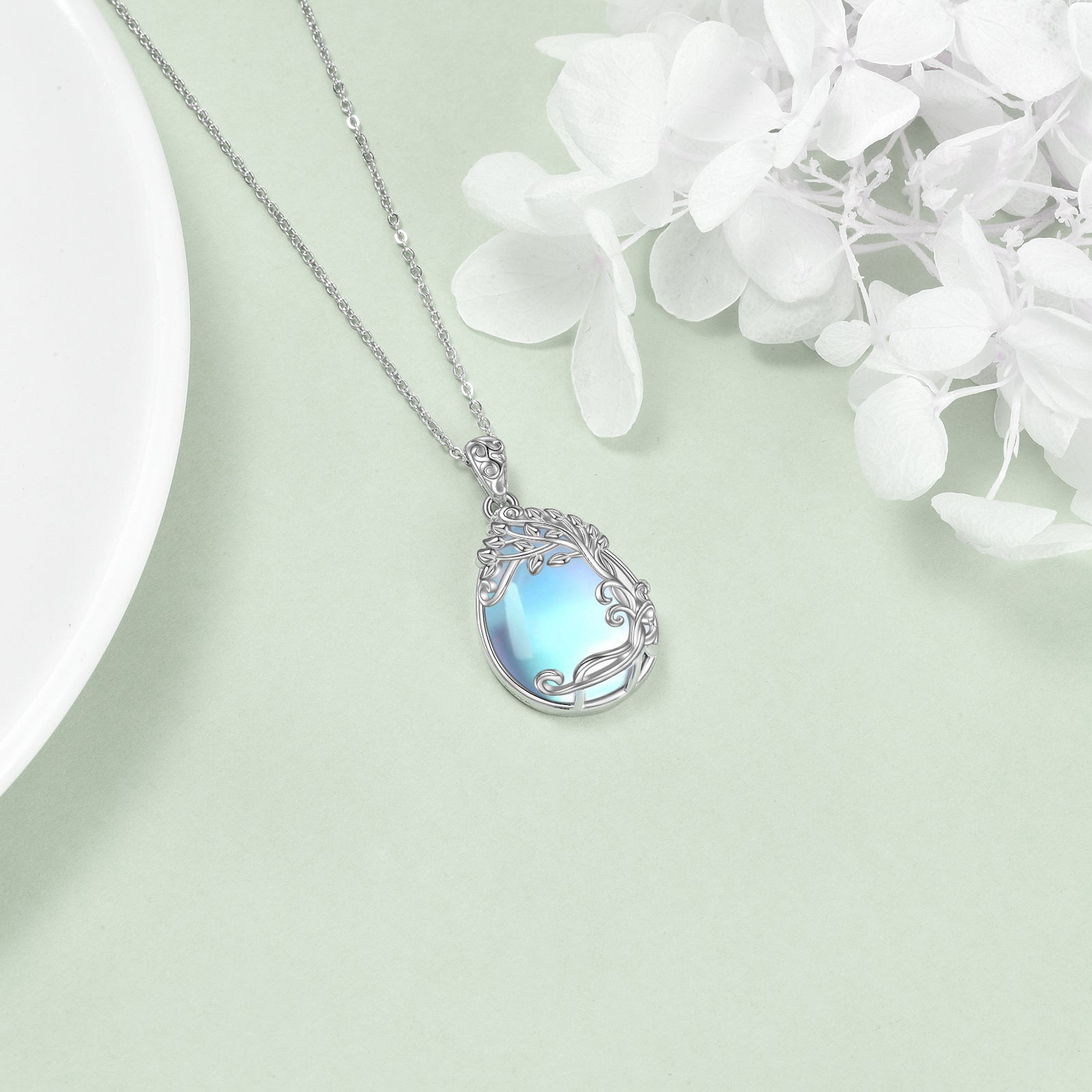 Sterling Silver Moonstone Tree Of Life Pendant Necklace