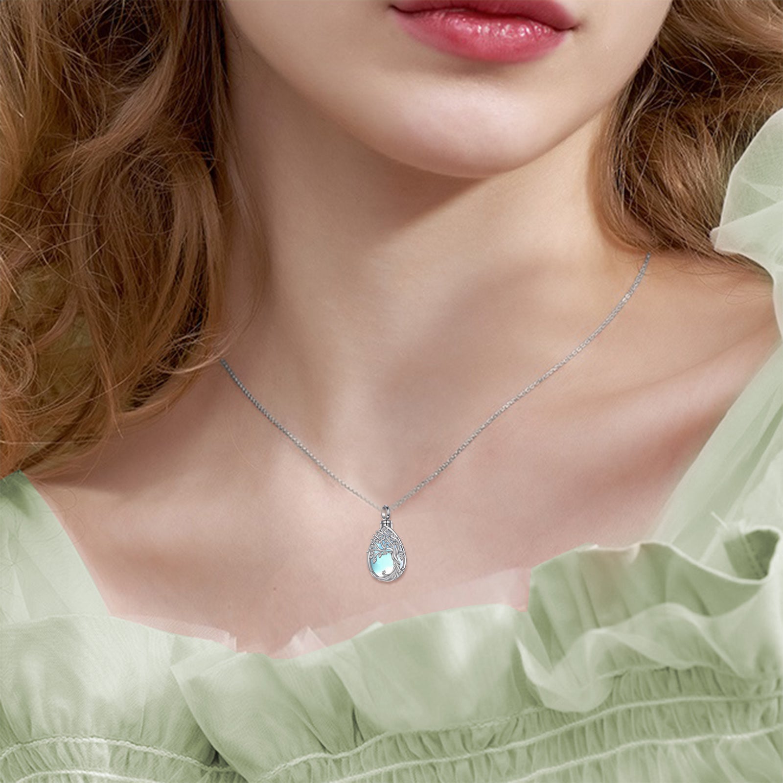 Sterling Silver Moonstone Tree Of Life Urn Necklace for Ashes with Engraved Word