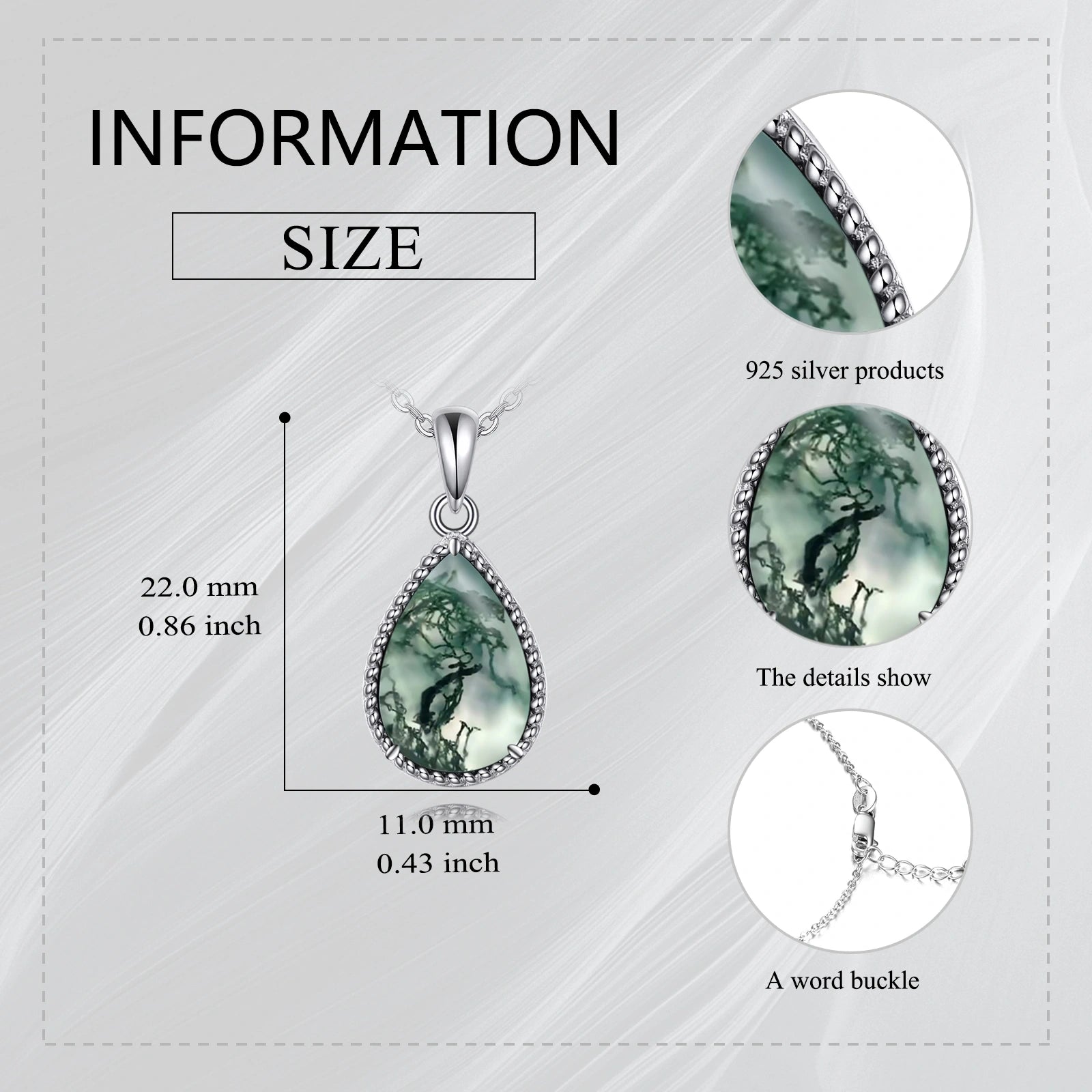 Sterling Silver Moss Agate Drop Shaped Pendant Necklace