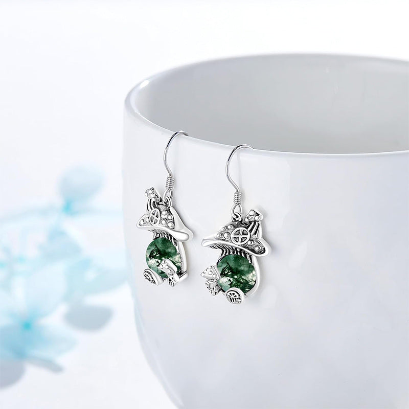 Sterling Silver Moss Agate Mushroom Drop Earrings