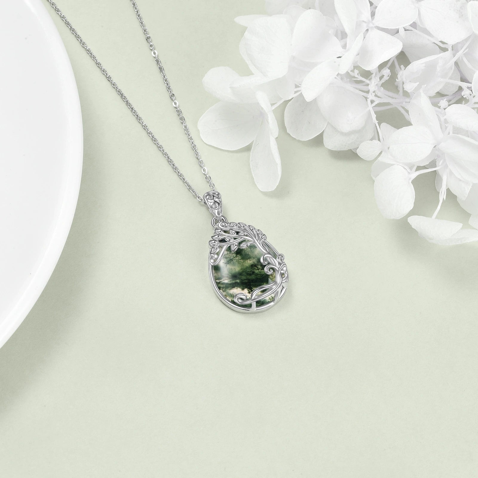 Sterling Silver Moss Agate Tree Of Life & Drop Shape Pendant Necklace