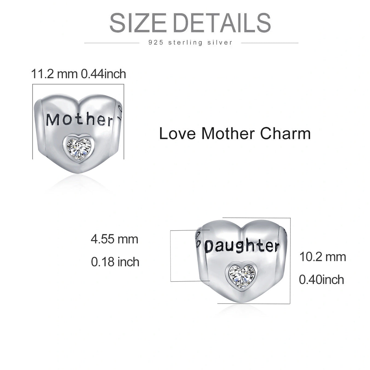 Sterling Silver Cubic Zirconia Mother & Daughter Heart Bead Charm with Engraved Word