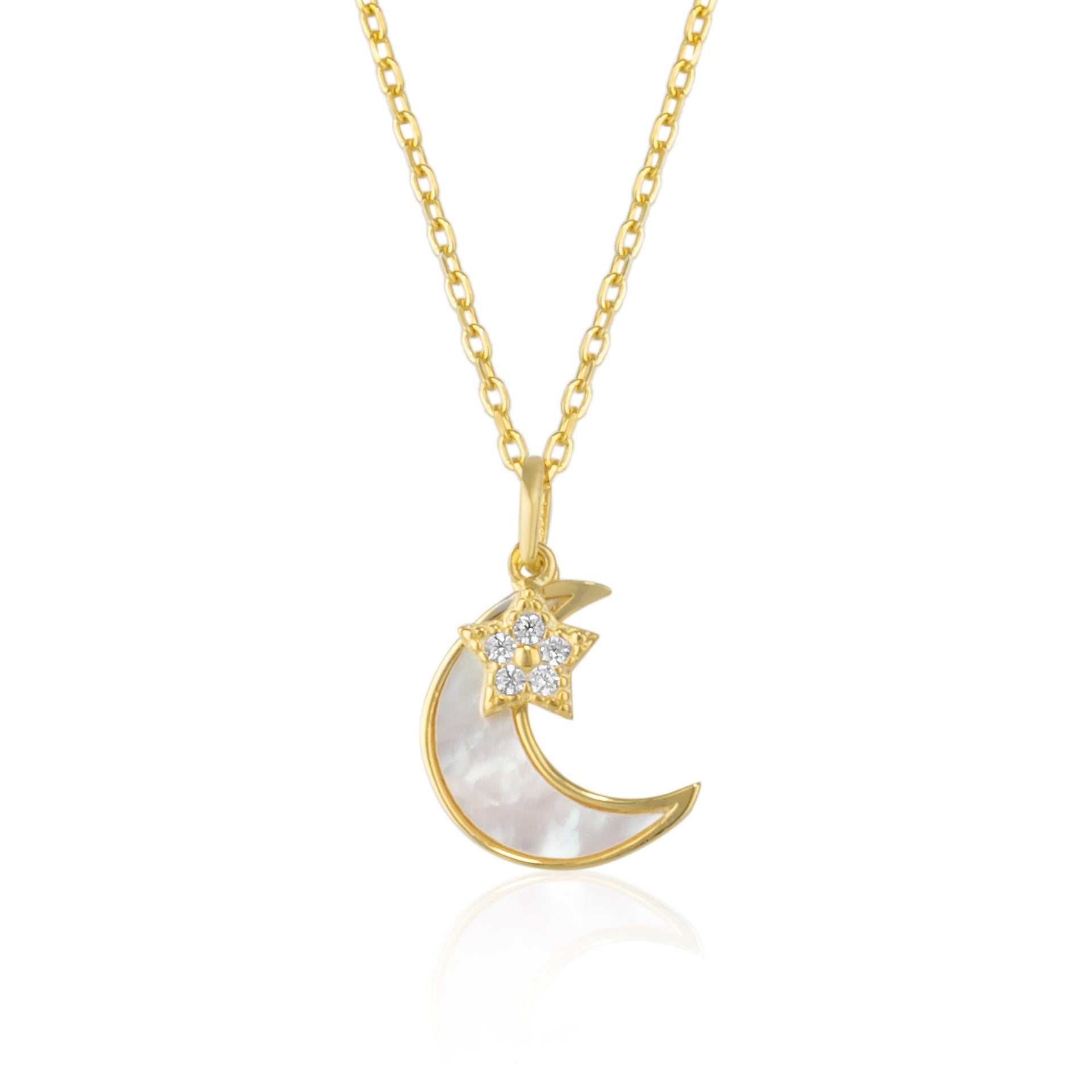 Sterling Silver Mother Of Pearl Moon & Star Pendant Necklace