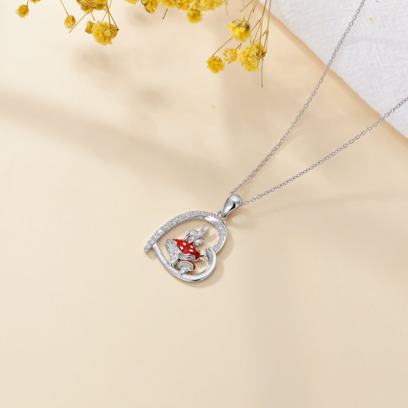 Sterling Silver Cubic Zirconia Mushroom & Fairy Pendant Necklace