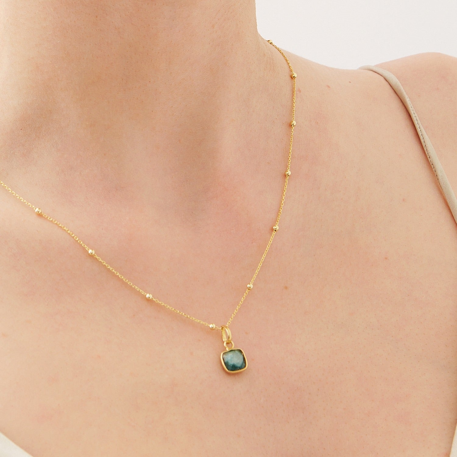 Sterling Silver Natural Square Pendant Necklace With Beaded Chain - Green