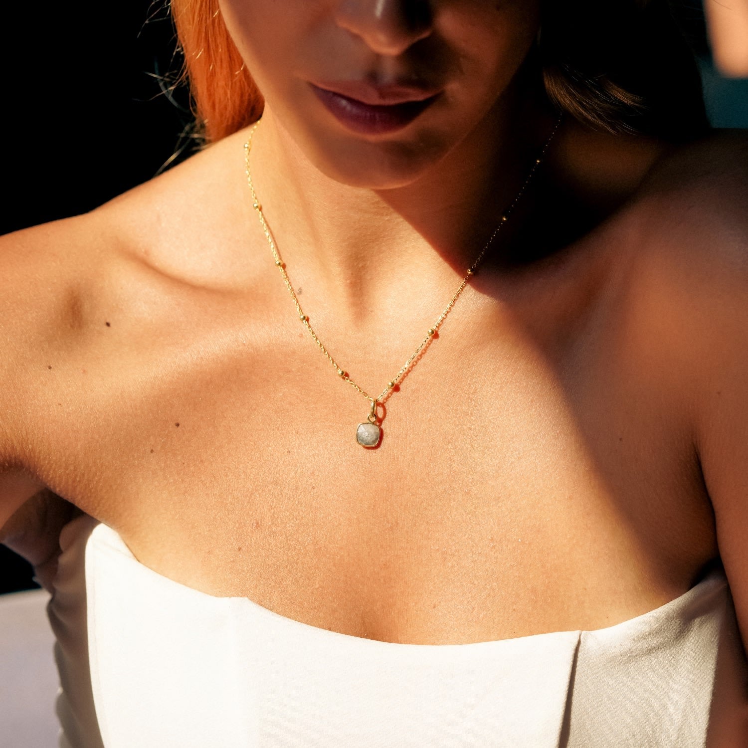 Sterling Silver Natural Square Pendant Necklace With Beaded Chain - Stone