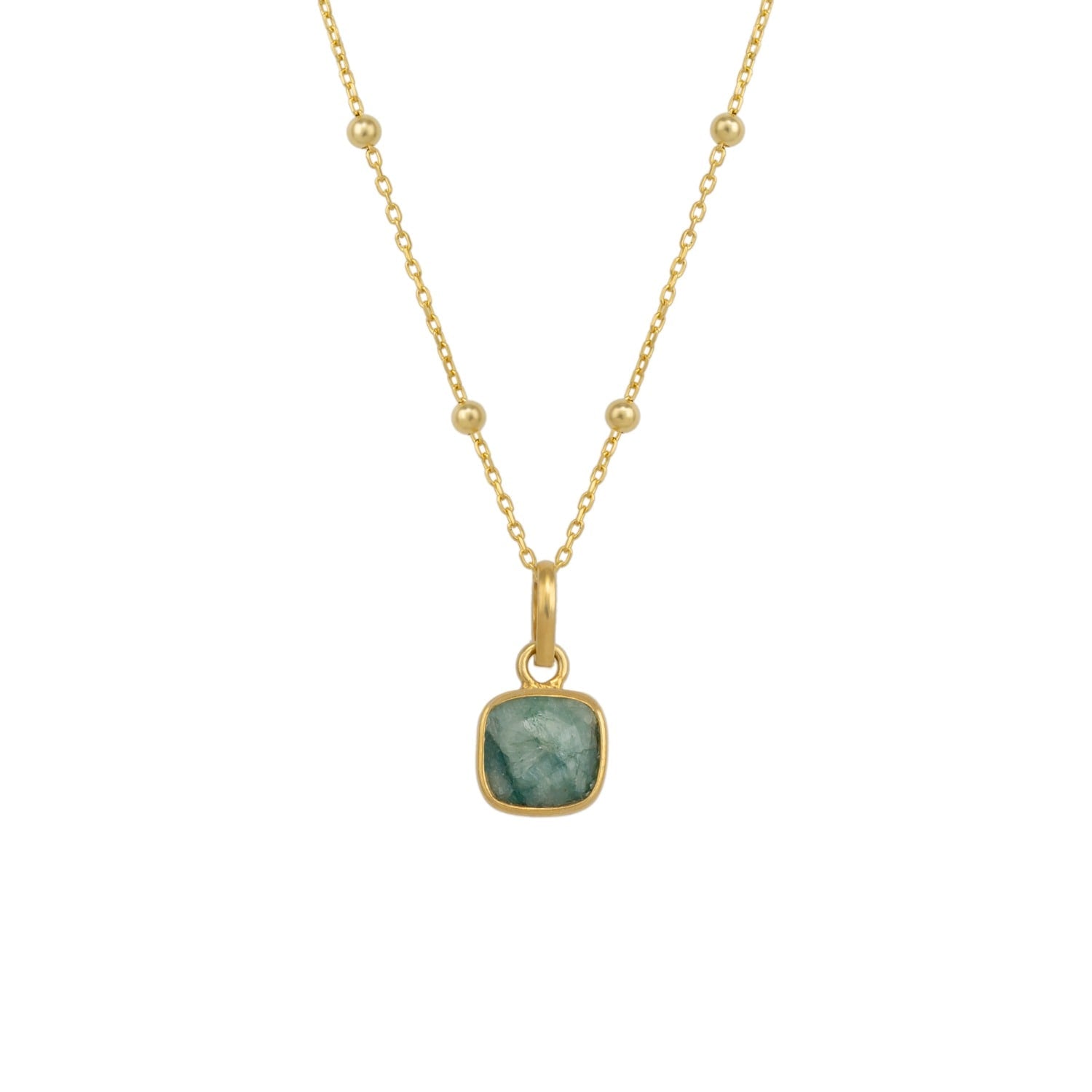 Sterling Silver Natural Square Pendant Necklace With Beaded Chain - Green