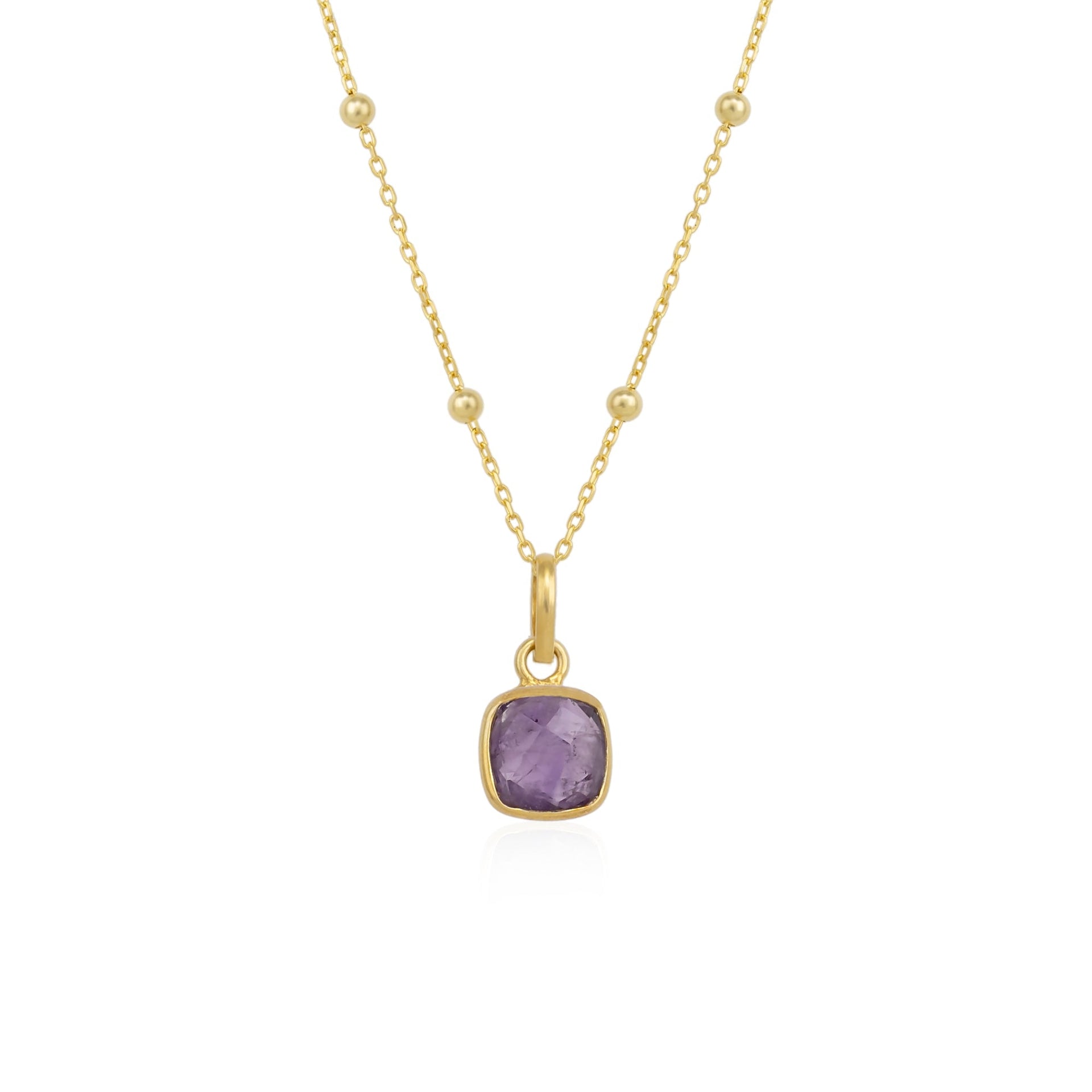 Sterling Silver Natural Square Pendant Necklace With Beaded Chain - Amethyst