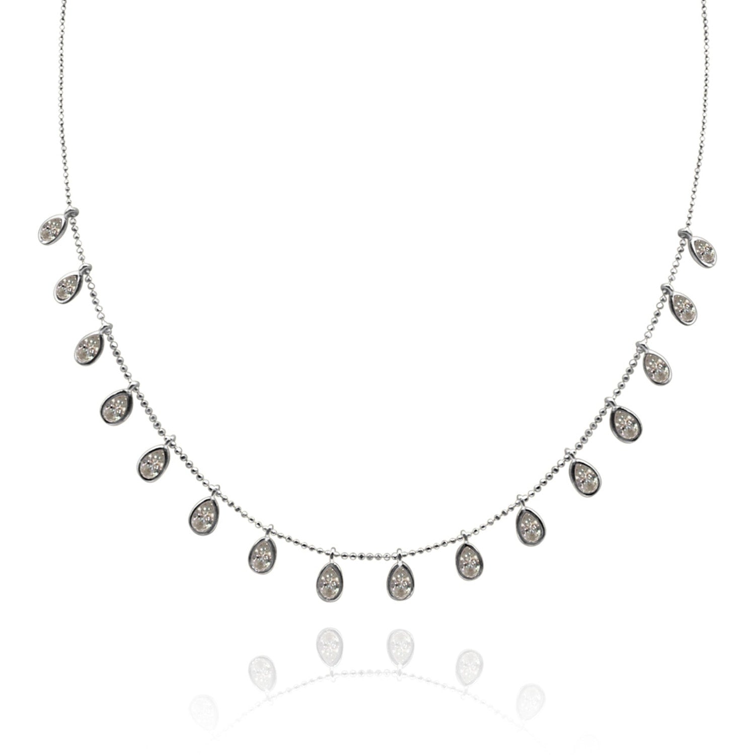 Sterling Silver Necklace With Diamond Cubic Zirconium Pear Shape Drops