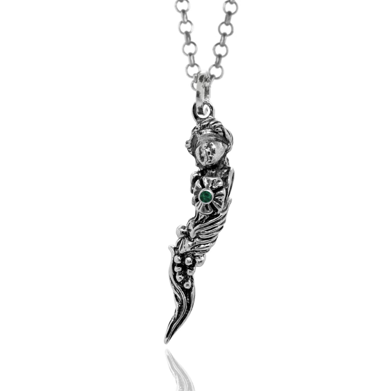 Sterling Silver Necklace With Goddess Of Fortune With Natural Emerald