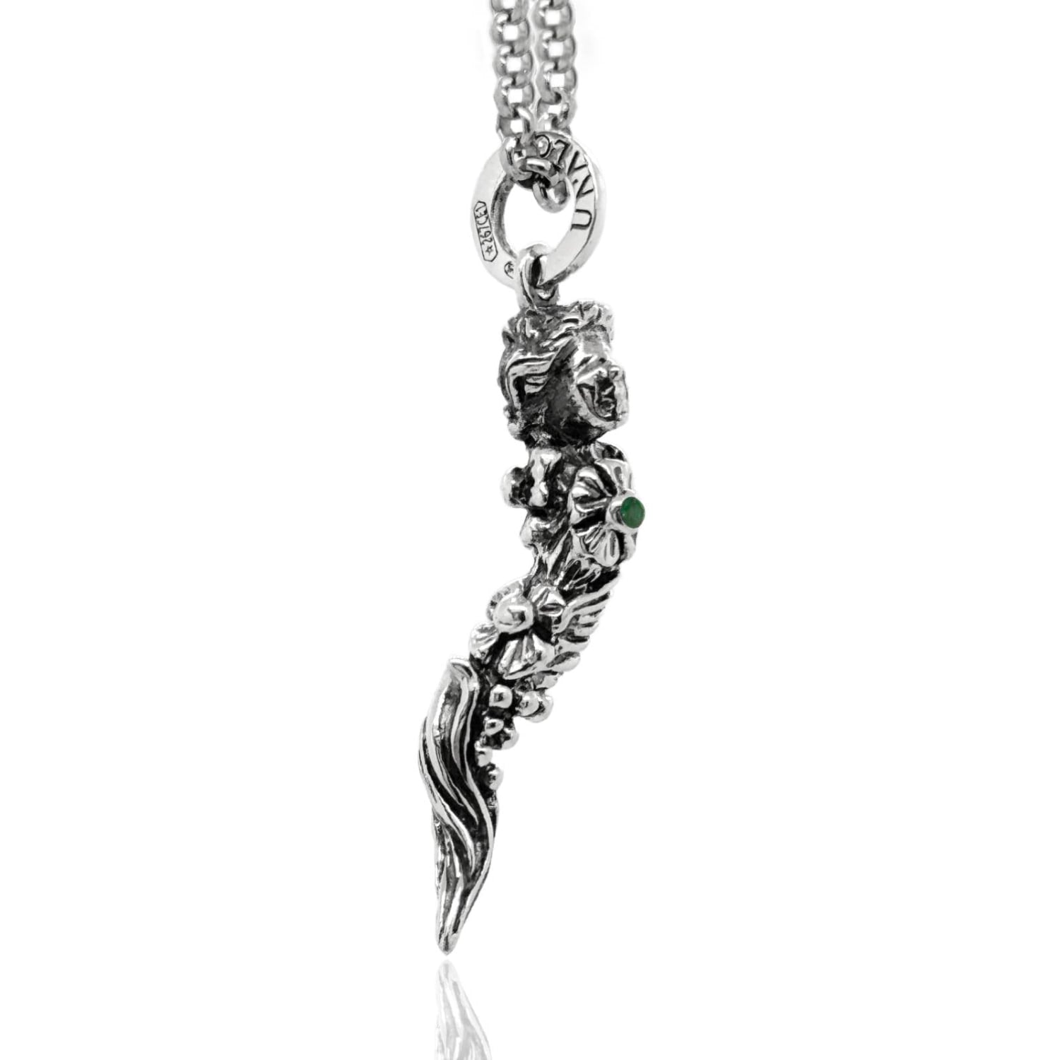 Sterling Silver Necklace With Goddess Of Fortune With Natural Emerald
