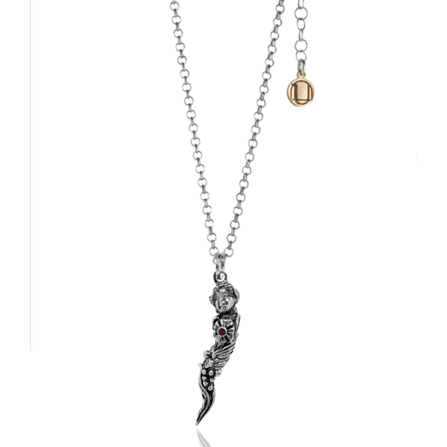 Sterling Silver Necklace With Goddess Of Fortune With Natural Ruby