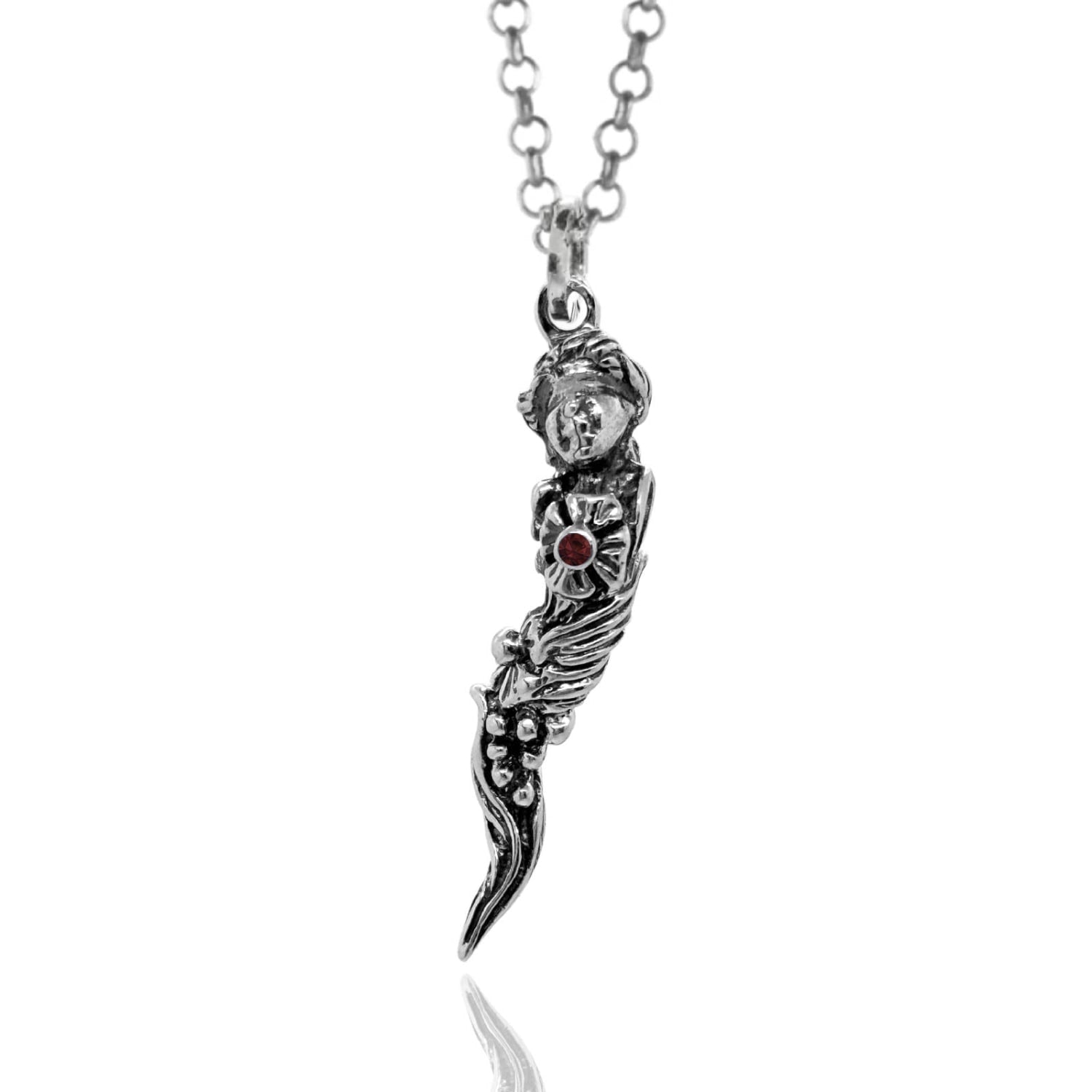 Sterling Silver Necklace With Goddess Of Fortune With Natural Ruby