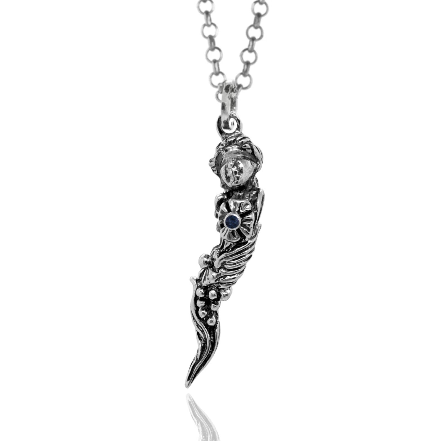 Sterling Silver Necklace With Goddess Of Fortune With Natural Sapphire