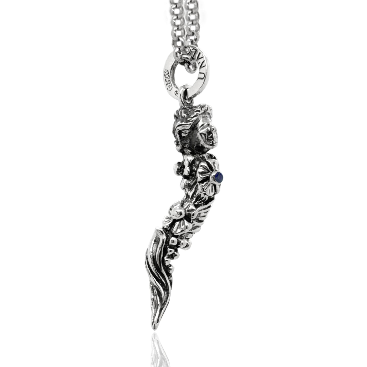 Sterling Silver Necklace With Goddess Of Fortune With Natural Sapphire