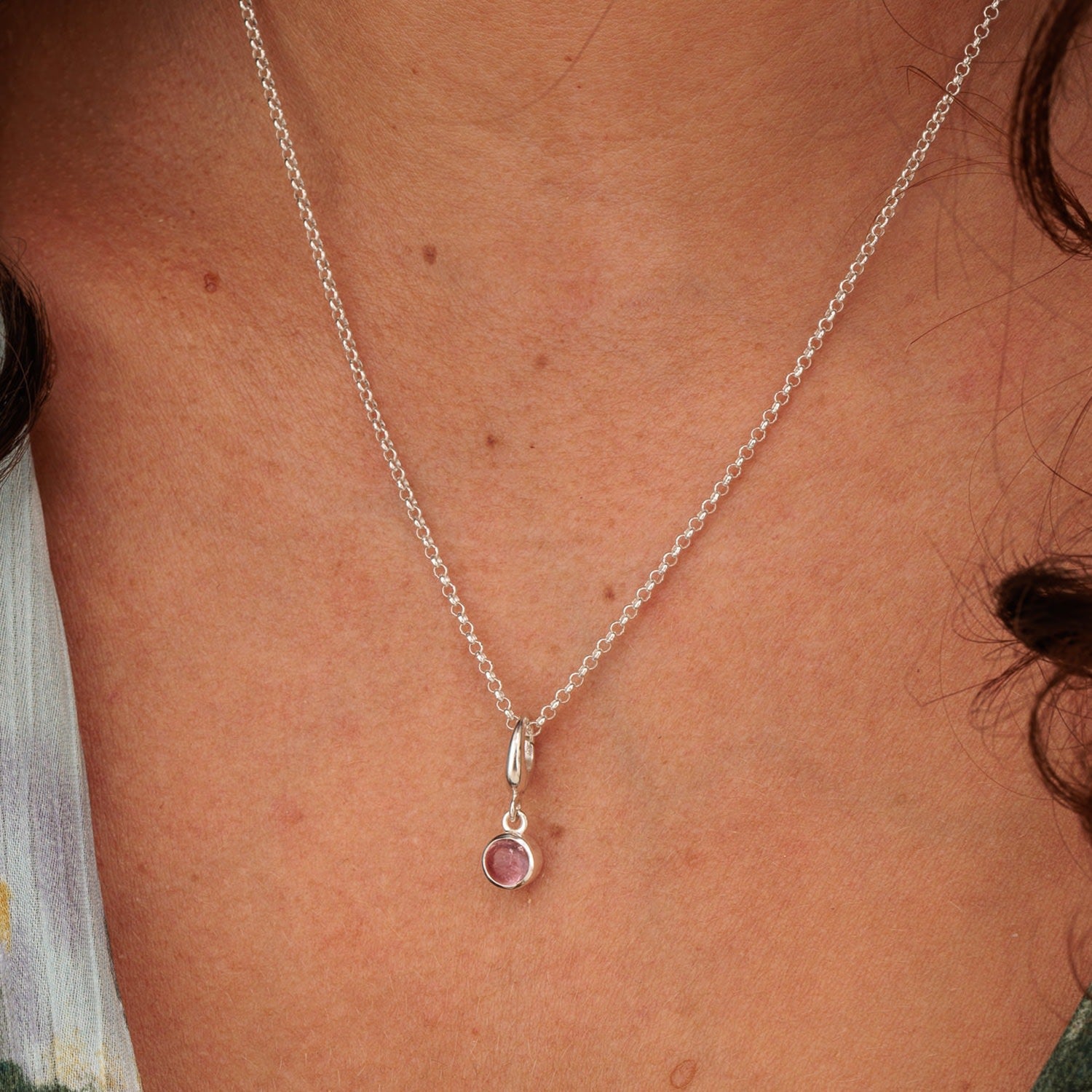 Sterling Silver October Birthstone Charm Necklace - Pink Tourmaline