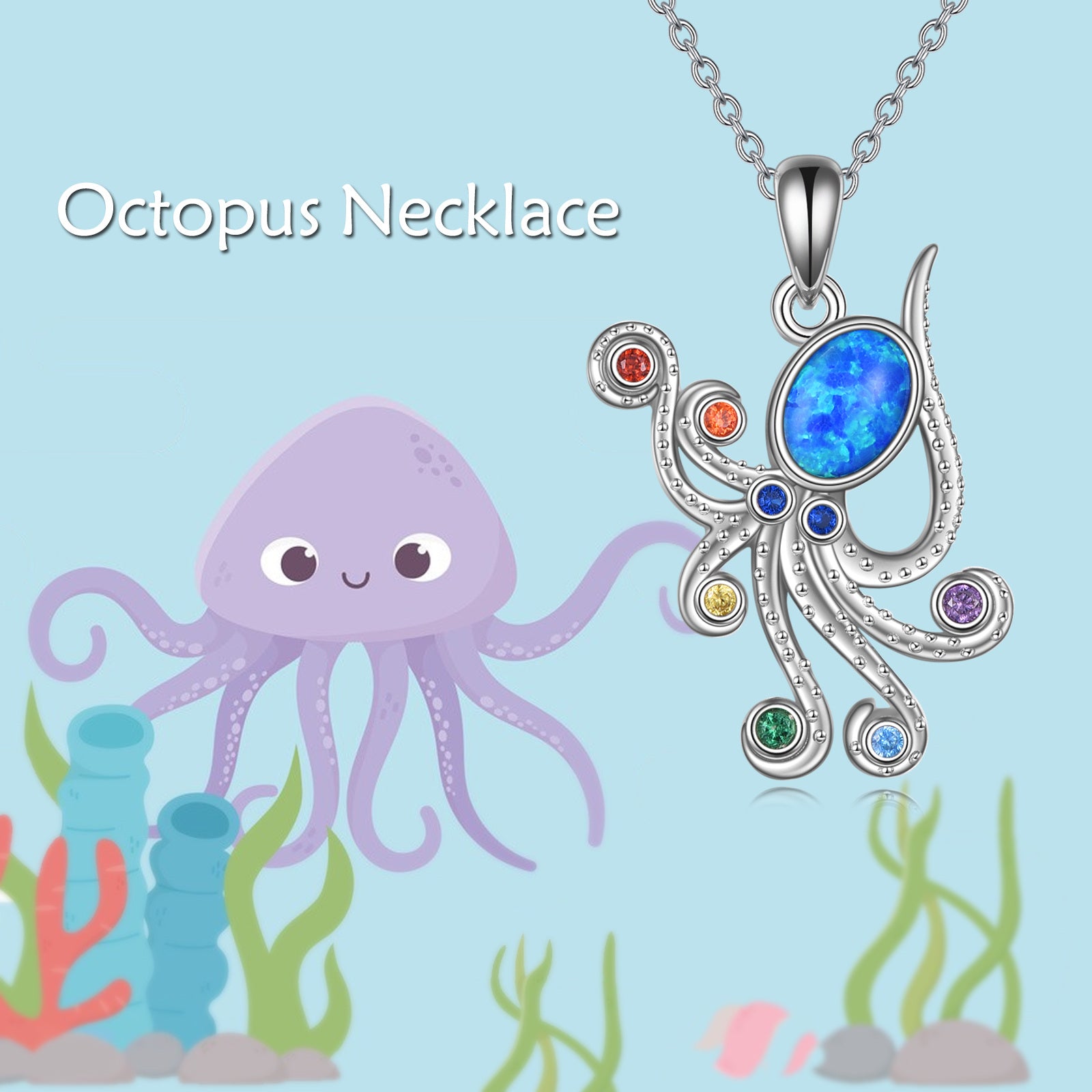 Sterling Silver Cubic Zirconia Octopus & Chakras Pendant Necklace