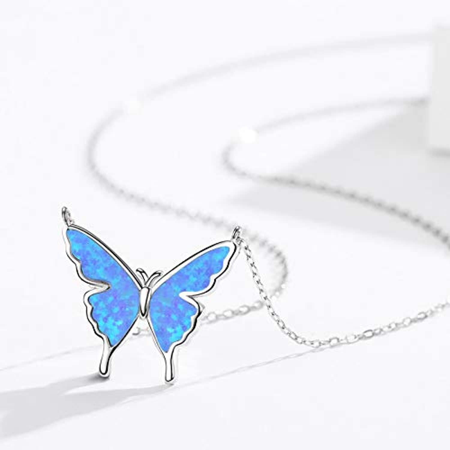 Sterling Silver Opal Butterfly Pendant Necklace for Women