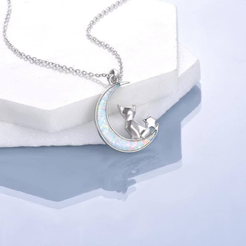 Sterling Silver Opal Cat & Moon Pendant Necklace