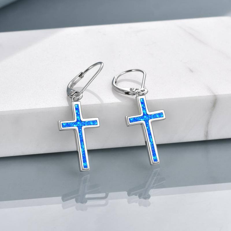 Sterling Silver Opal Cross Lever-back Earrings