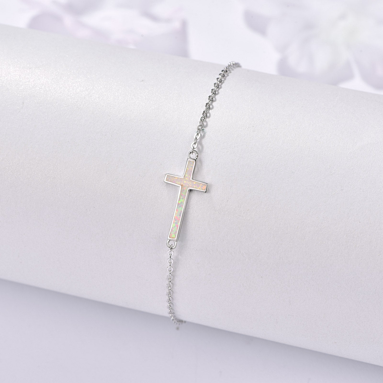 Sterling Silver Opal Cross Charm Bracelet