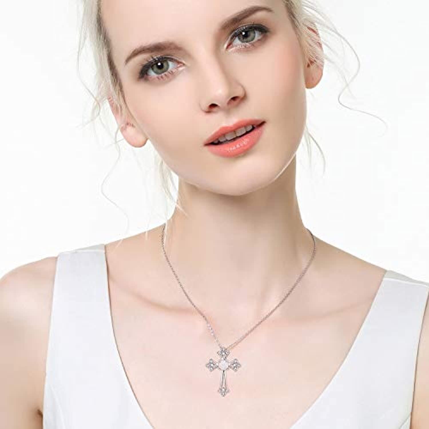Sterling Silver Opal Cross Pendant Necklace