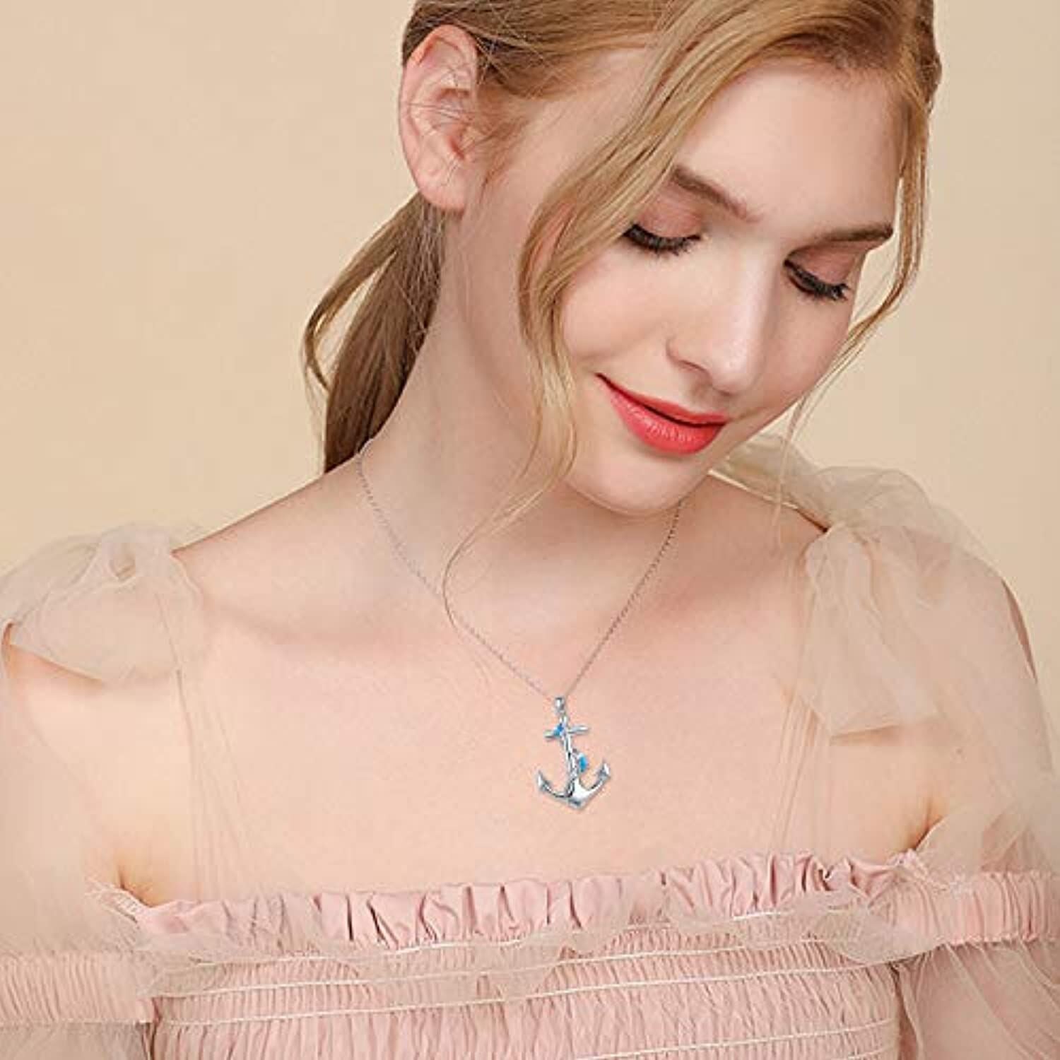 Sterling Silver Opal Dolphin & Anchor Pendant Necklace