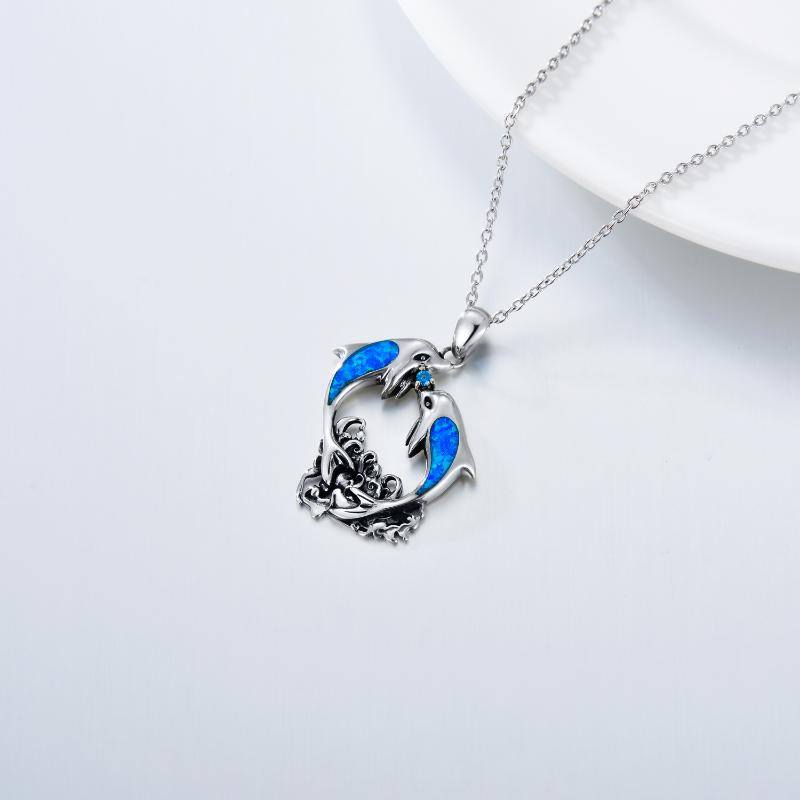 Sterling Silver Opal Dolphins Pendant Necklace