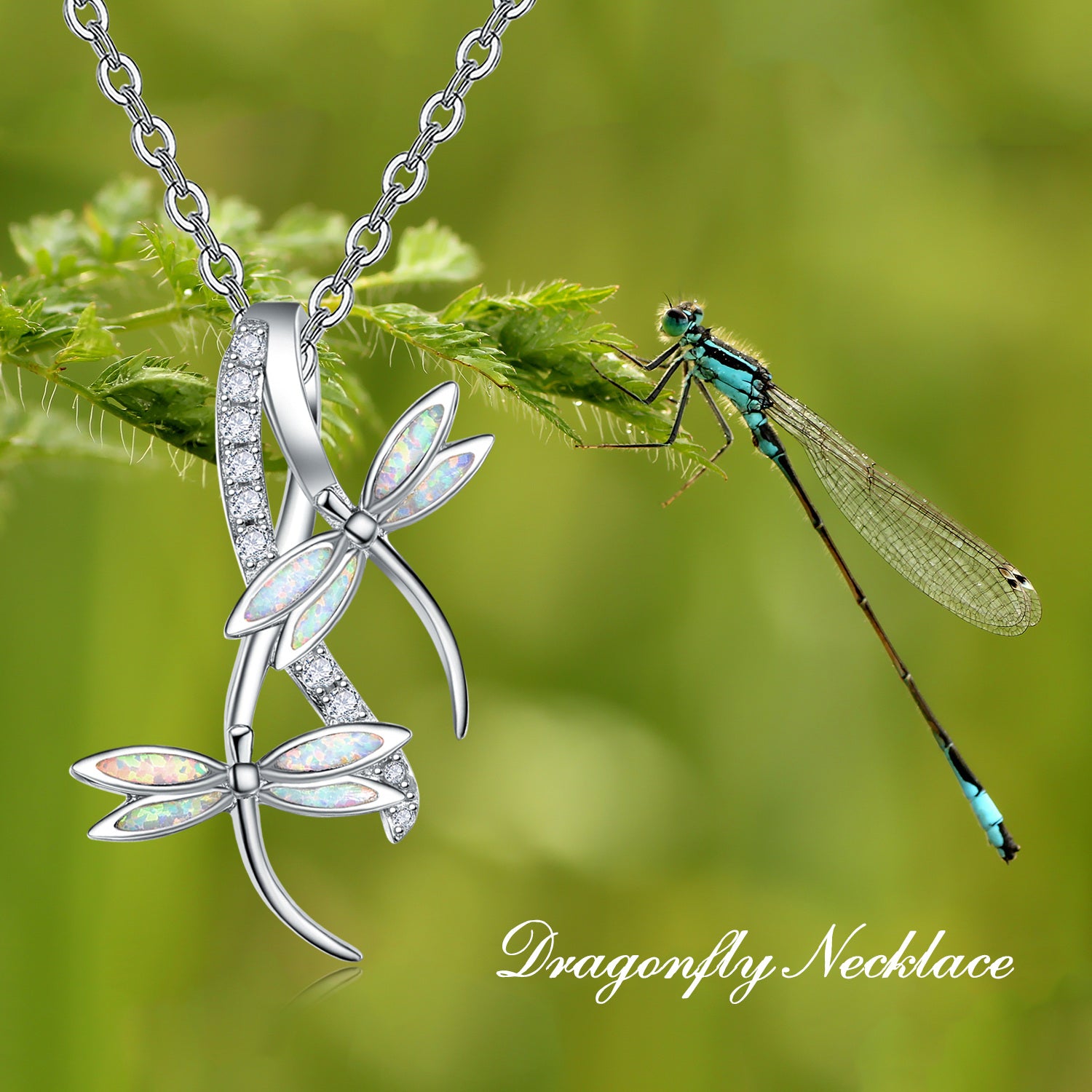 Sterling Silver Opal Dragonfly Pendant Necklace
