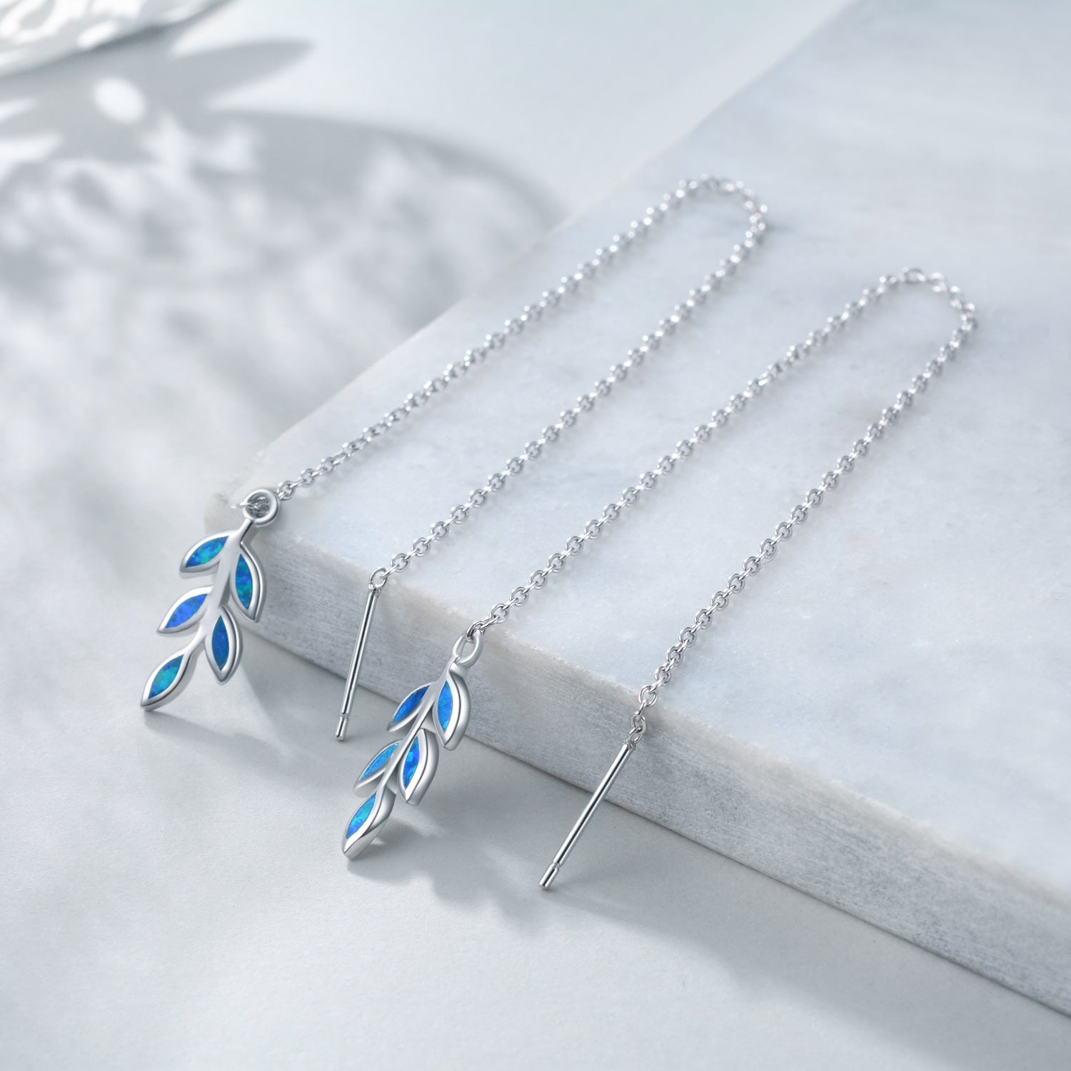 Sterling Silver Opal Leaves Drop Earrings