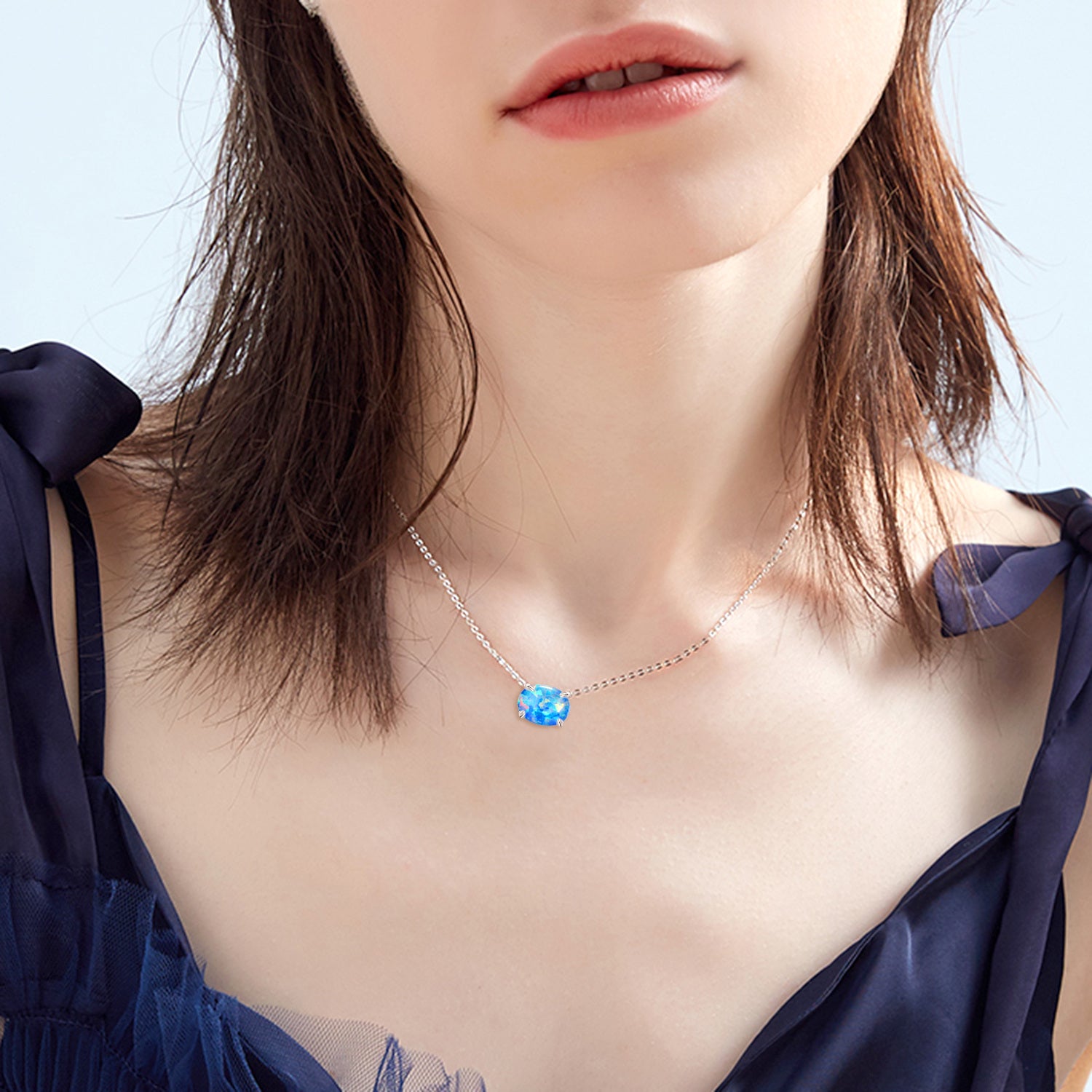 Sterling Silver Opal Oval Shaped Pendant Necklace