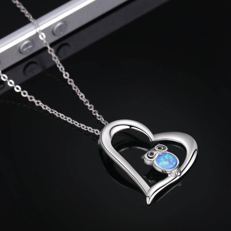 Sterling Silver Opal Owl & Heart Pendant Necklace