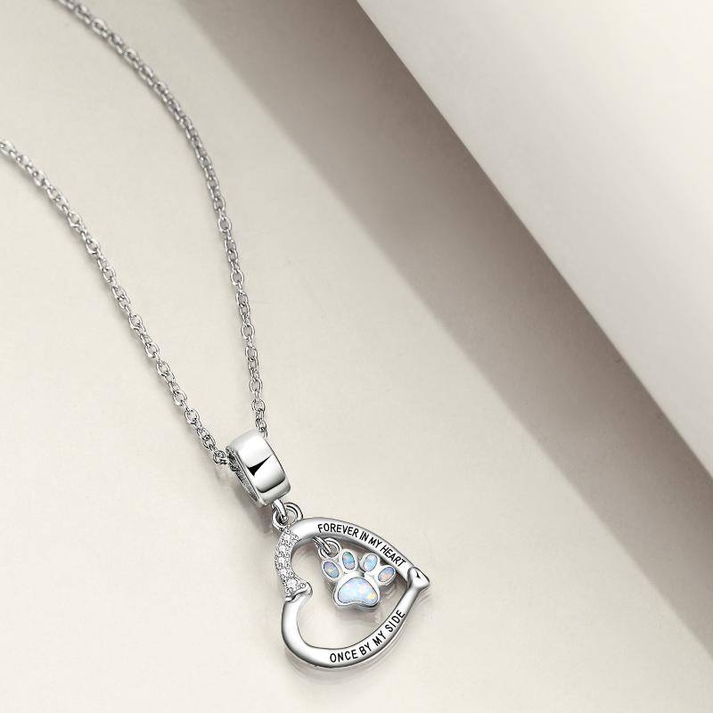 Sterling Silver Opal Paw & Heart Pendant Necklace with Engraved Word