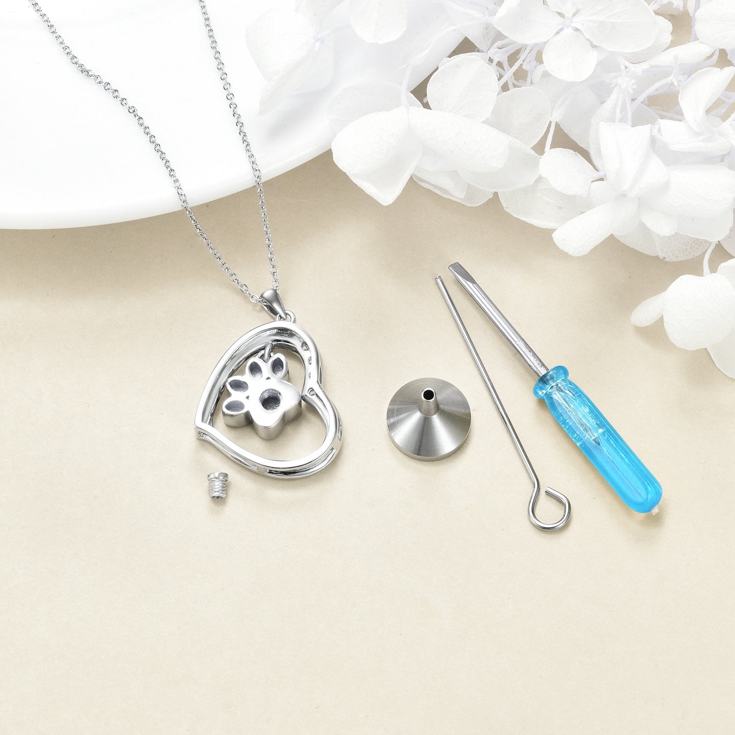 Sterling Silver Opal Paw & Heart Urn Necklace for Ashes with Engraved Word