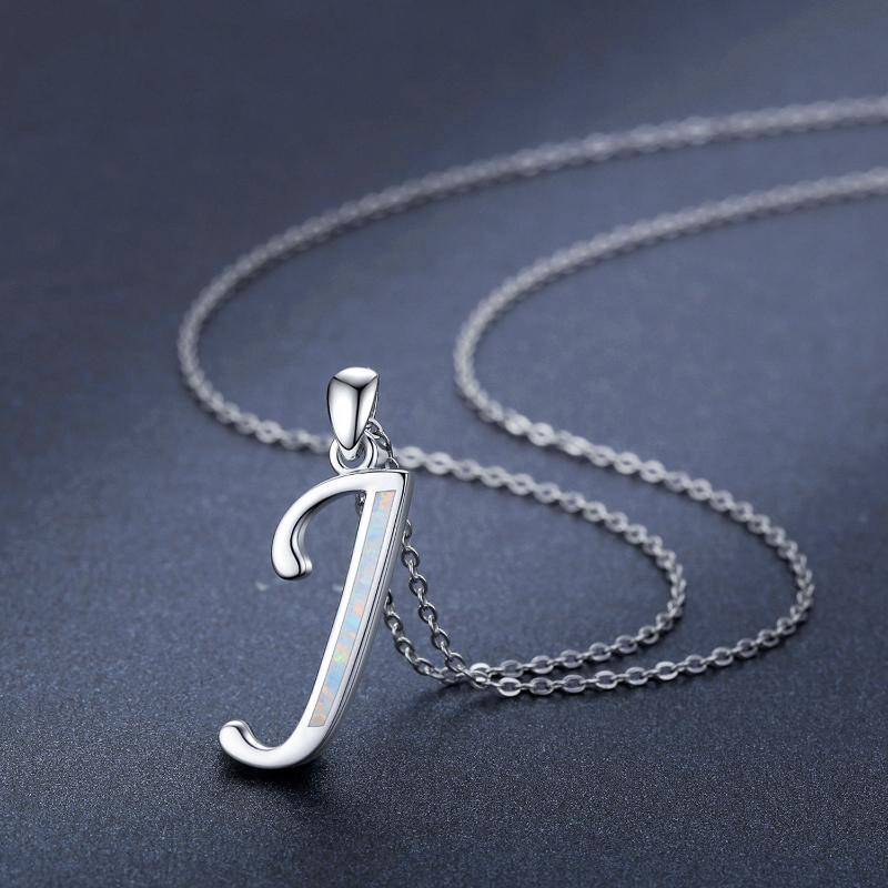 Sterling Silver Opal Personalized Initial Letter J Pendant Necklace