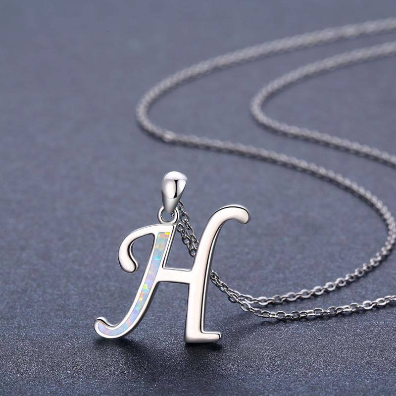 Sterling Silver Opal Personalized Initial Letter H Pendant Necklace