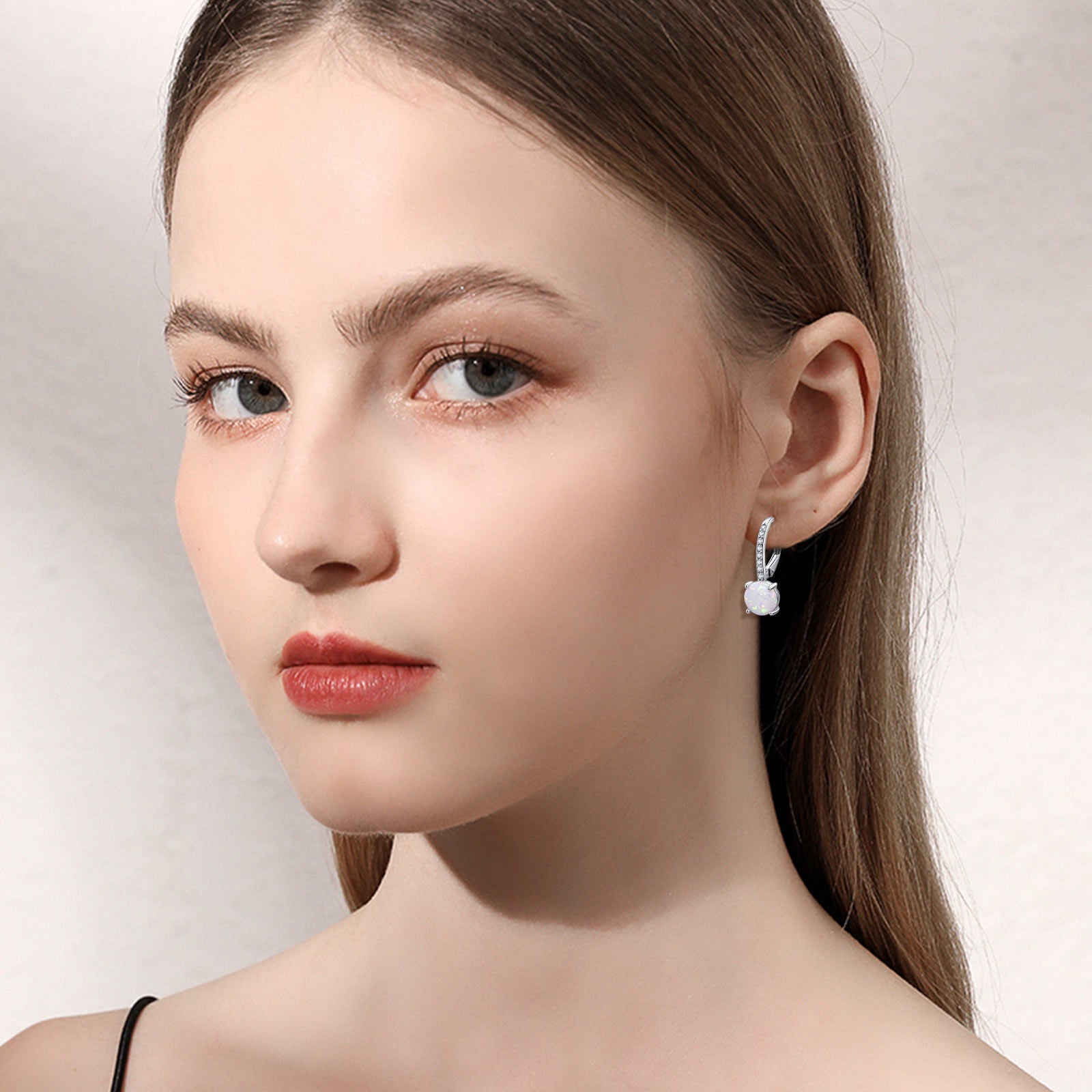 Sterling Silver Opal Round Lever-back Earrings