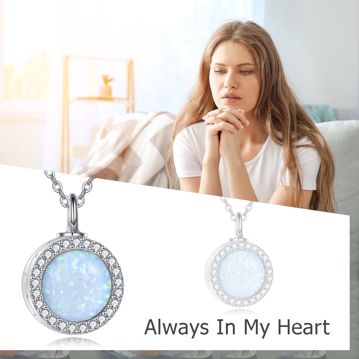Sterling Silver Opal Round Urn Necklace for Ashes for women