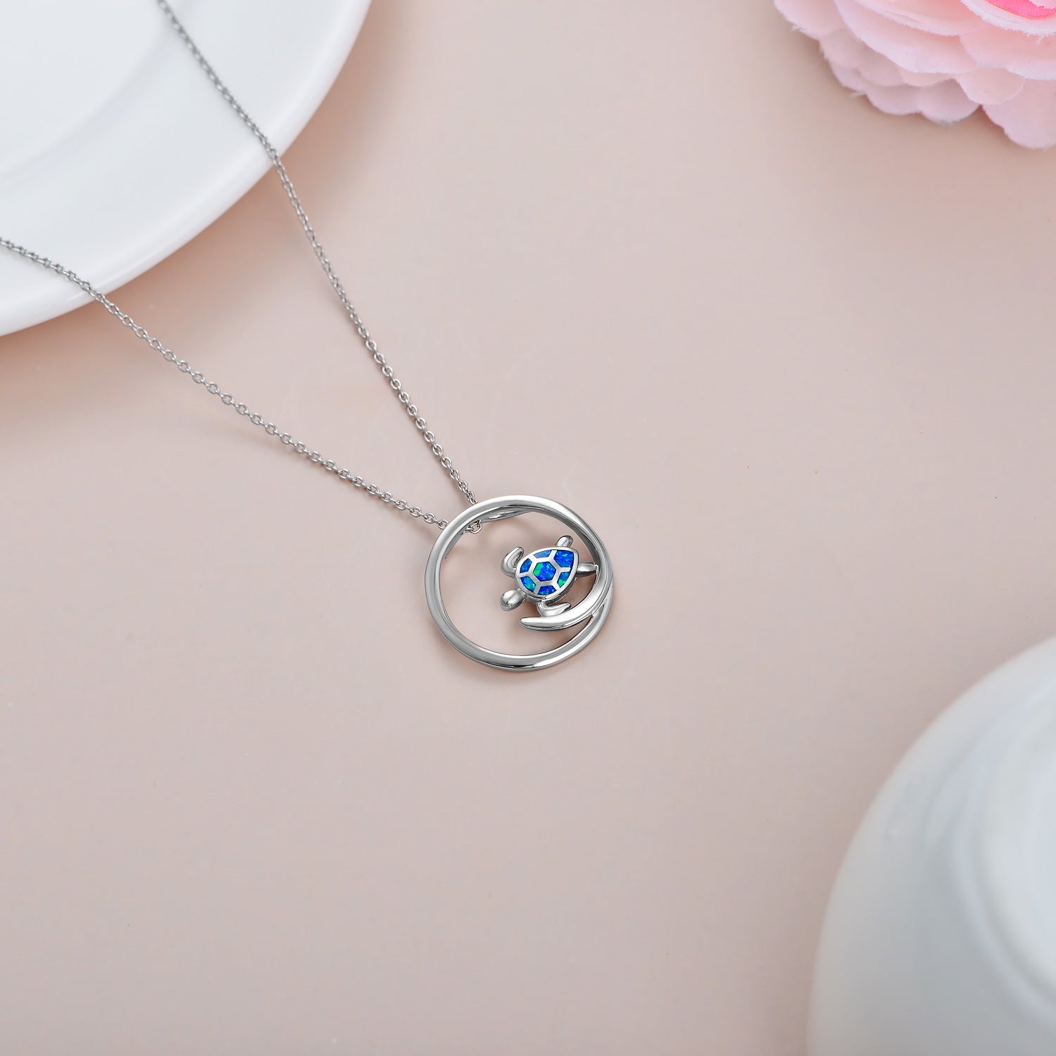 Sterling Silver Opal Sea Turtle Circle Pendant Necklace
