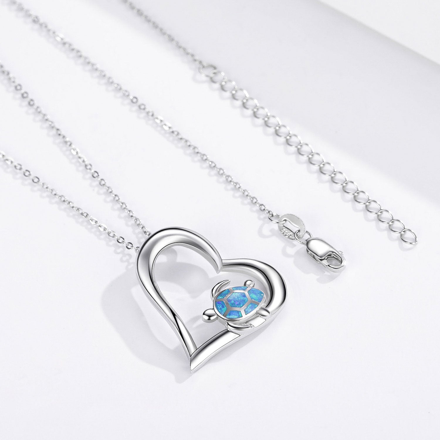 Sterling Silver Opal Sea Turtle & Heart Pendant Necklace