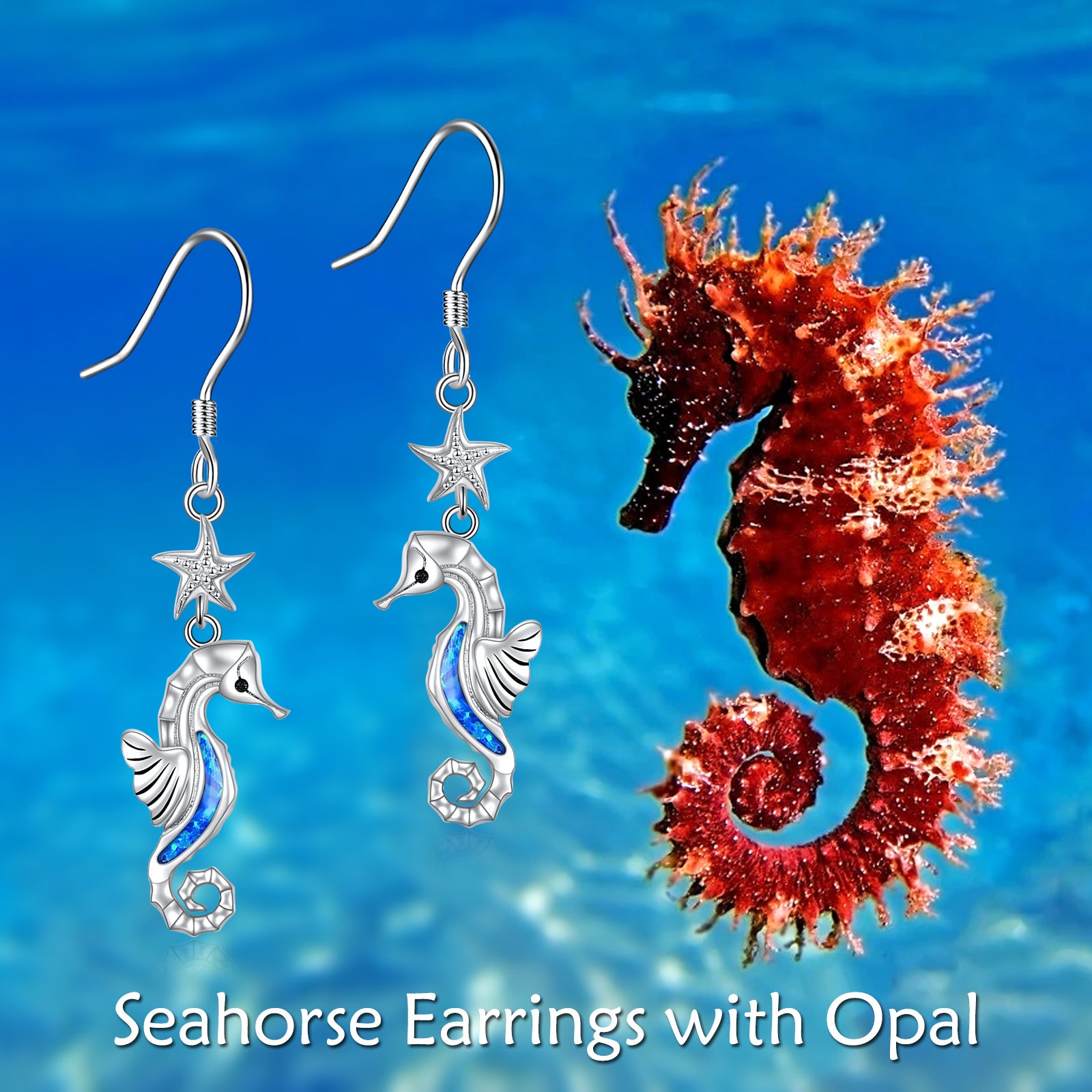 Sterling Silver Opal Seahorse & Starfish Drop Earrings