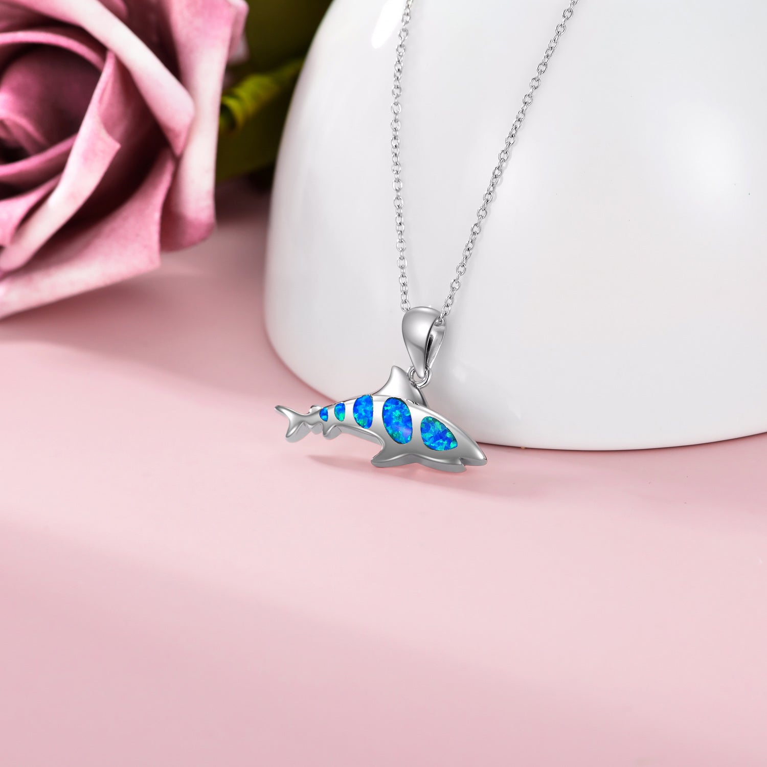 Sterling Silver Opal Shark Pendant Necklace