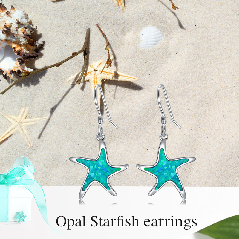 Sterling Silver Opal Star Drop Earrings for Women