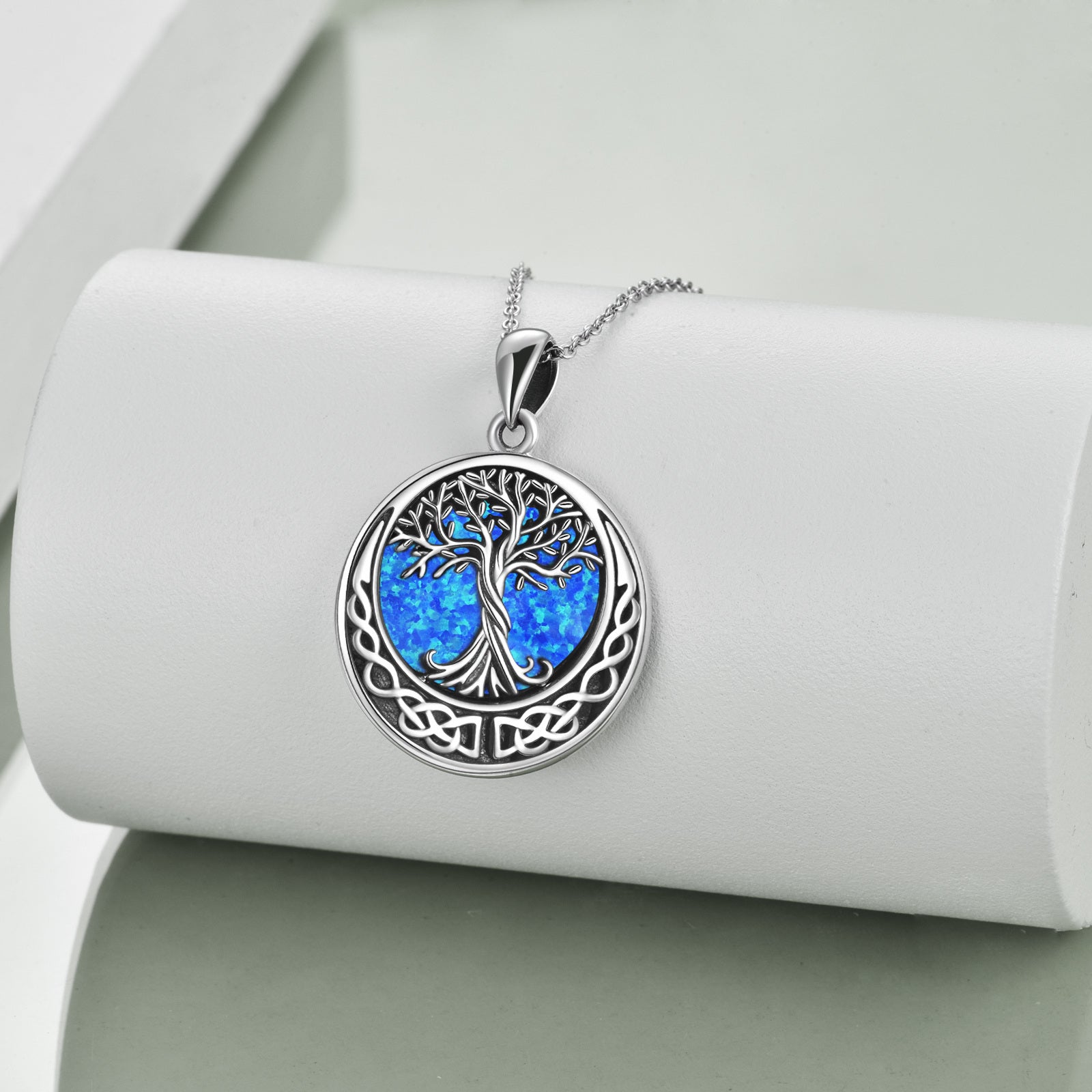 Sterling Silver Opal Tree Of Life & Celtic Knot Pendant Necklace For Women Men