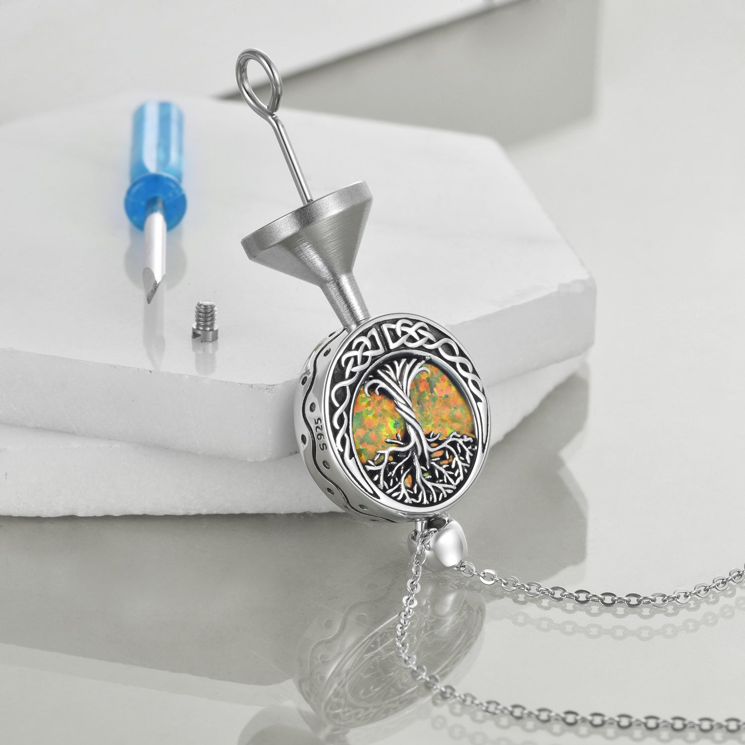 Sterling Silver Opal Tree Of Life & Celtic Knot Urn Necklace for Ashes with Engraved Word