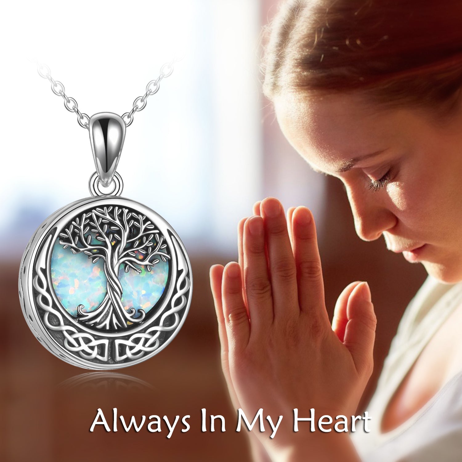 Sterling Silver Opal Tree Of Life & Celtic Knot Urn Necklace for Ashes with Engraved Word