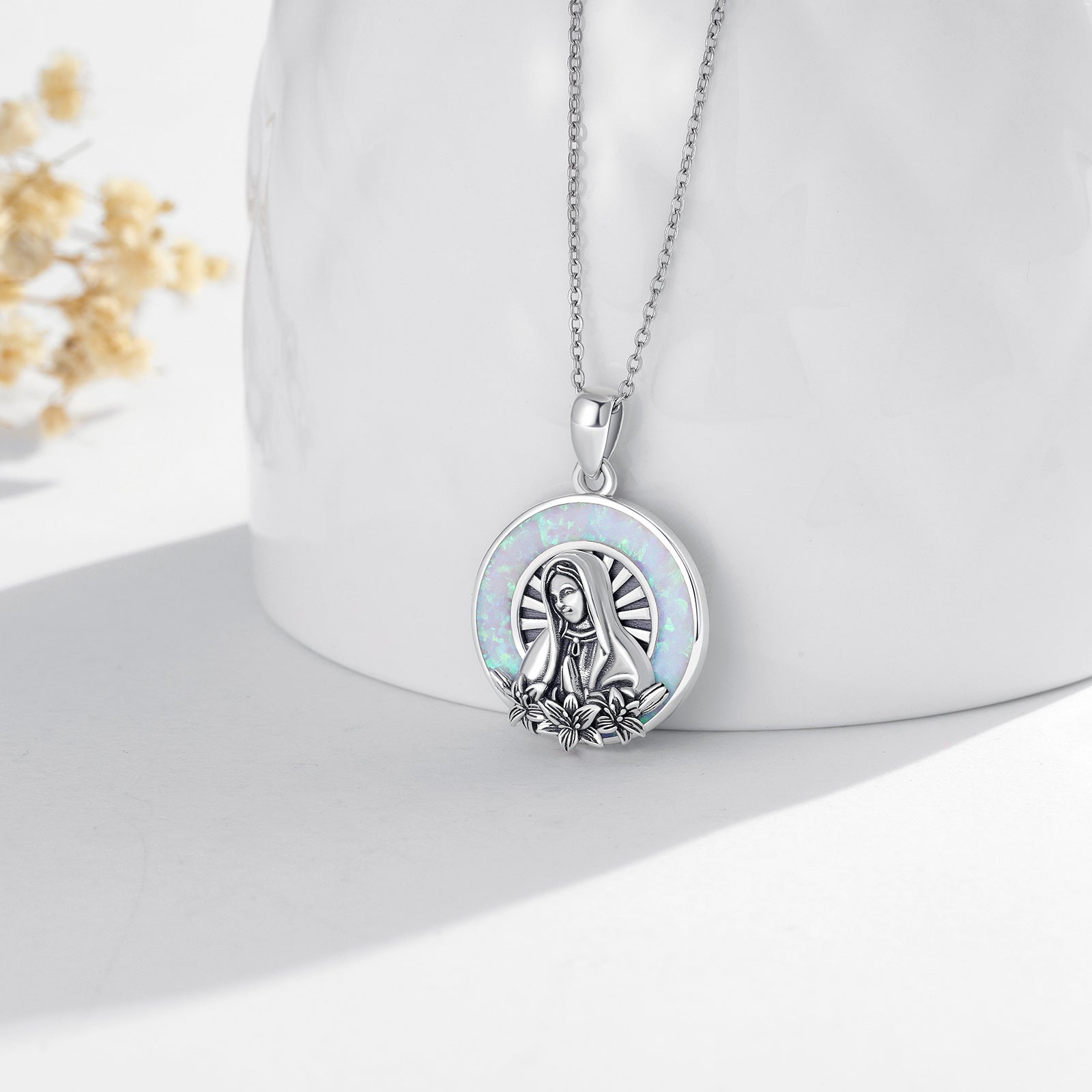 Sterling Silver Opal Virgin Mary Pendant Necklace
